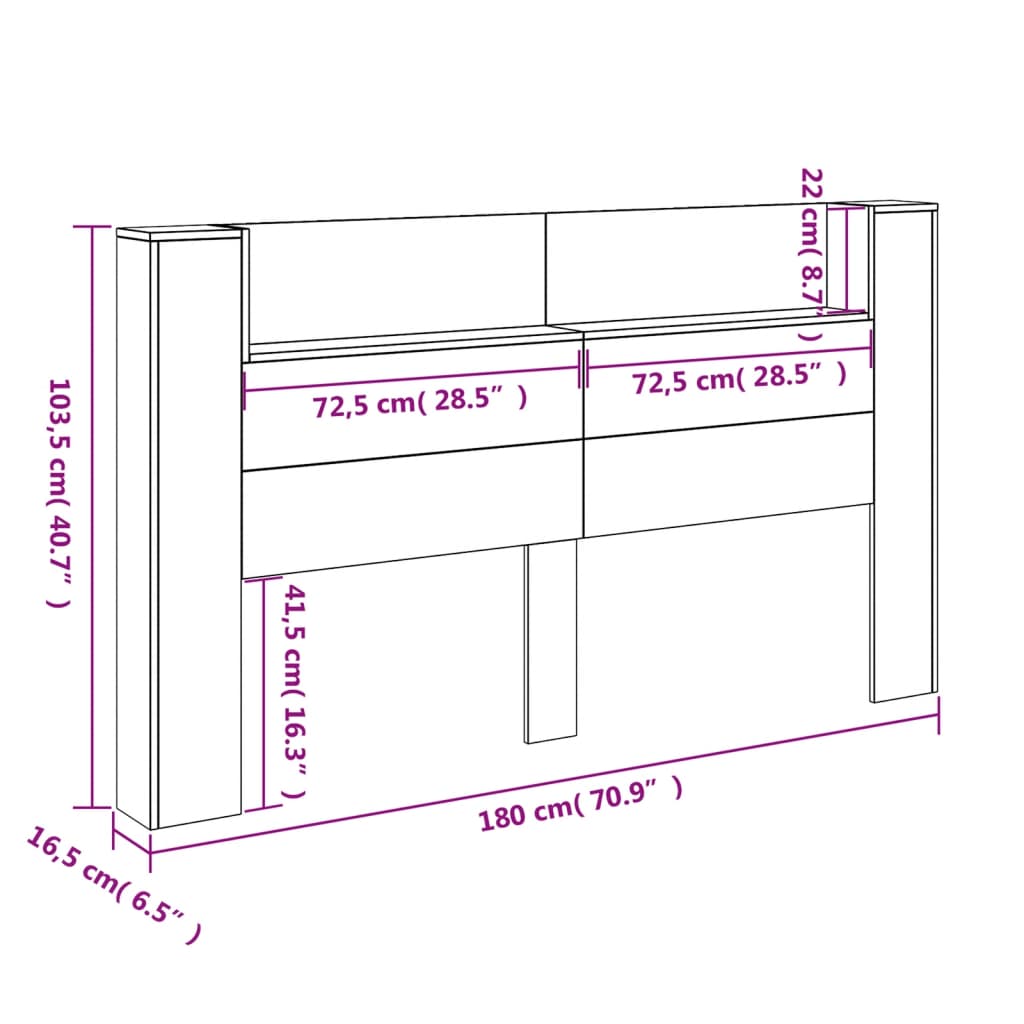 vidaXL Cabecero de cama con LED negro 180x16,5x103,5 cm