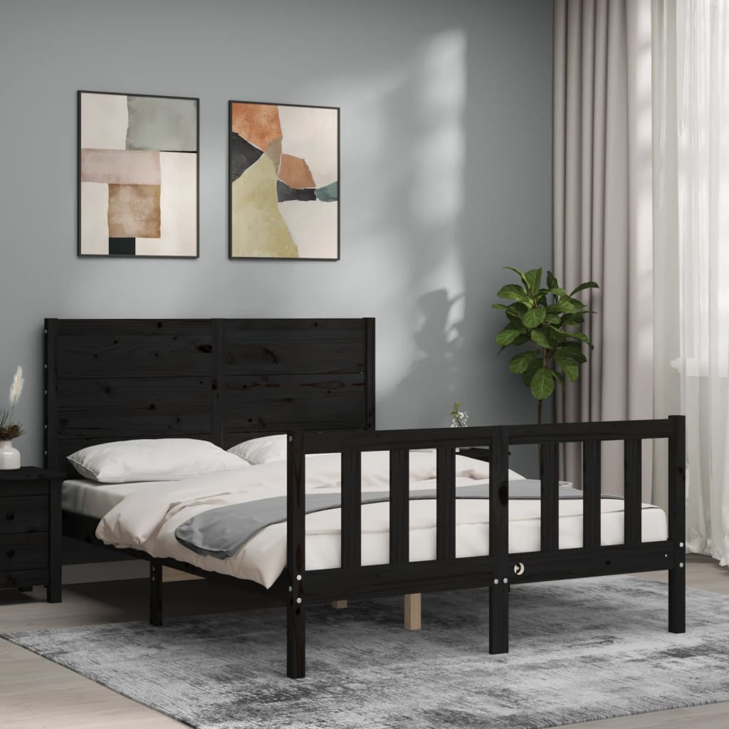 vidaXL Estructura cama de matrimonio con cabecero madera maciza negra