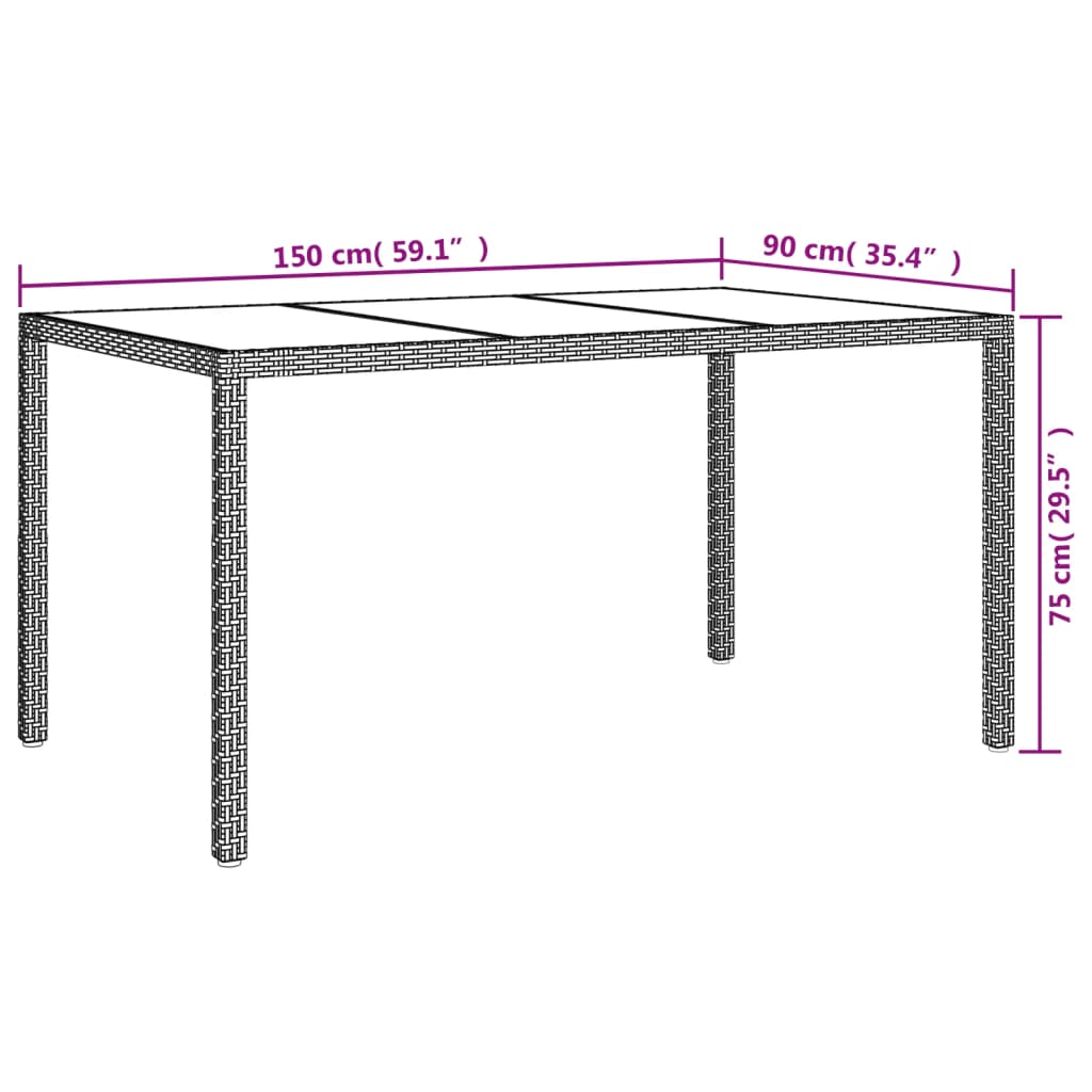 vidaXL Mesa jardín vidrio templado ratán sintético 150x90x75 cm beige