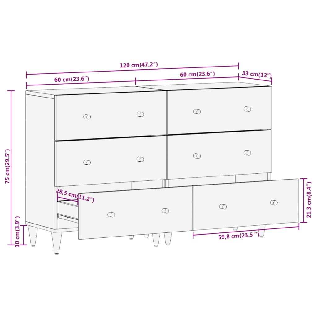 vidaXL Aparador 2 piezas madera maciza de mango 60x33x75 cm