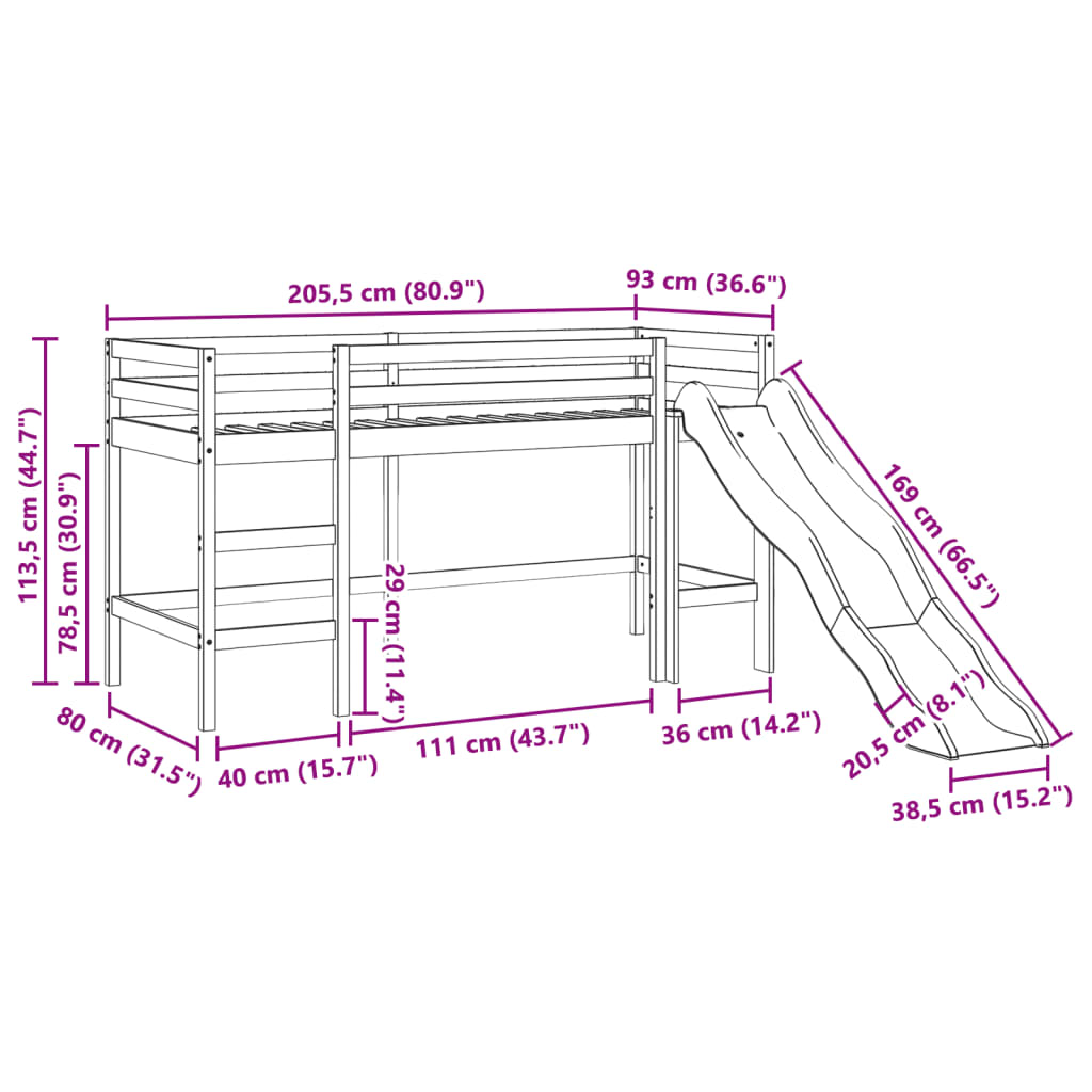 vidaXL Cama alta para niños con túnel madera pino azul 80x200 cm