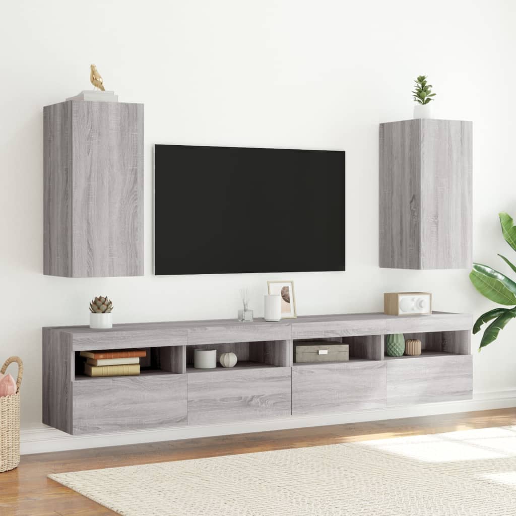 vidaXL Muebles TV pared con luces LED 2 uds gris Sonoma 30,5x35x70 cm