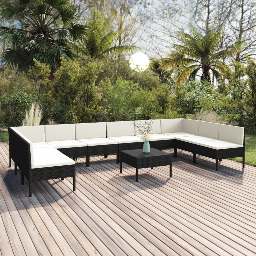 vidaXL Set de muebles de jardín 11 pzas cojines ratán sintético negro