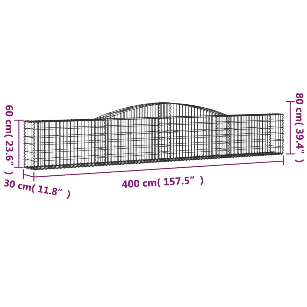 vidaXL Cesta de gaviones forma arco hierro galvanizado 400x30x60/80 cm