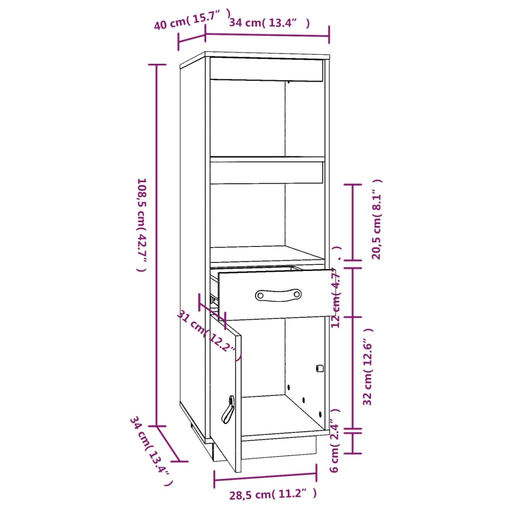 vidaXL Aparador alto madera maciza de pino marrón miel 34x40x108,5 cm