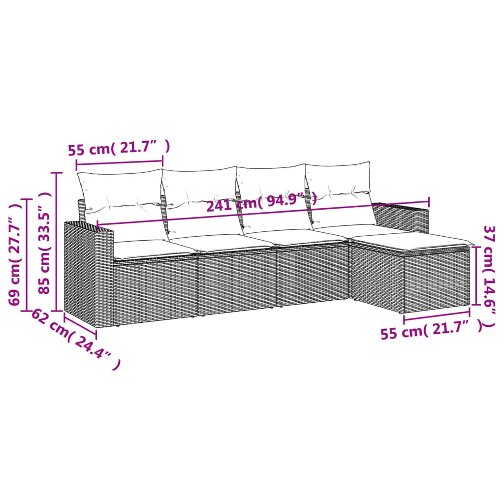 vidaXL Set de muebles de jardín 5 pzas y cojines ratán sintético negro