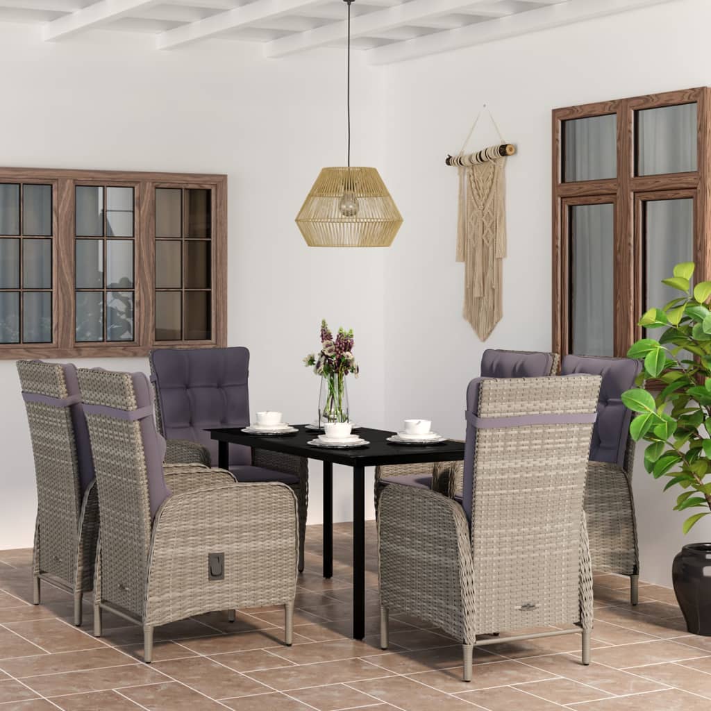 vidaXL Juego de comedor de jardín 7 piezas con cojines gris y negro