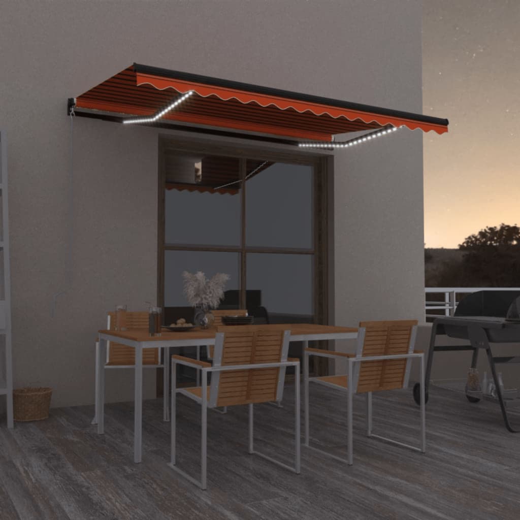 vidaXL Toldo manual retráctil con LED naranja y marrón 450x350 cm