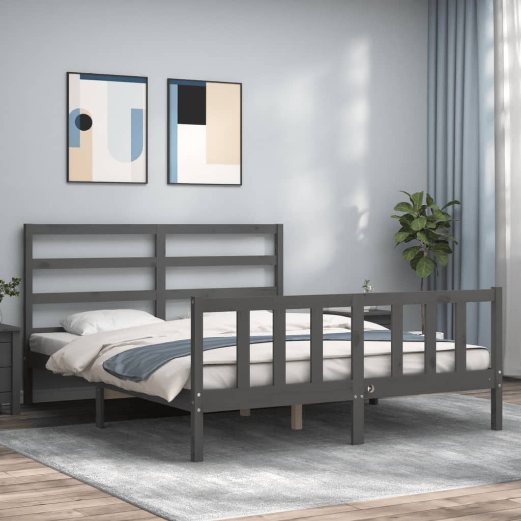 vidaXL Estructura de cama matrimonio con cabecero madera maciza gris