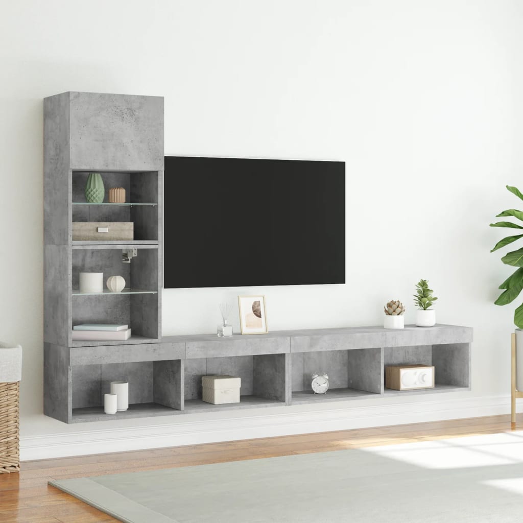 vidaXL Muebles TV pared con LED 4 pzas madera ingeniería gris hormigón