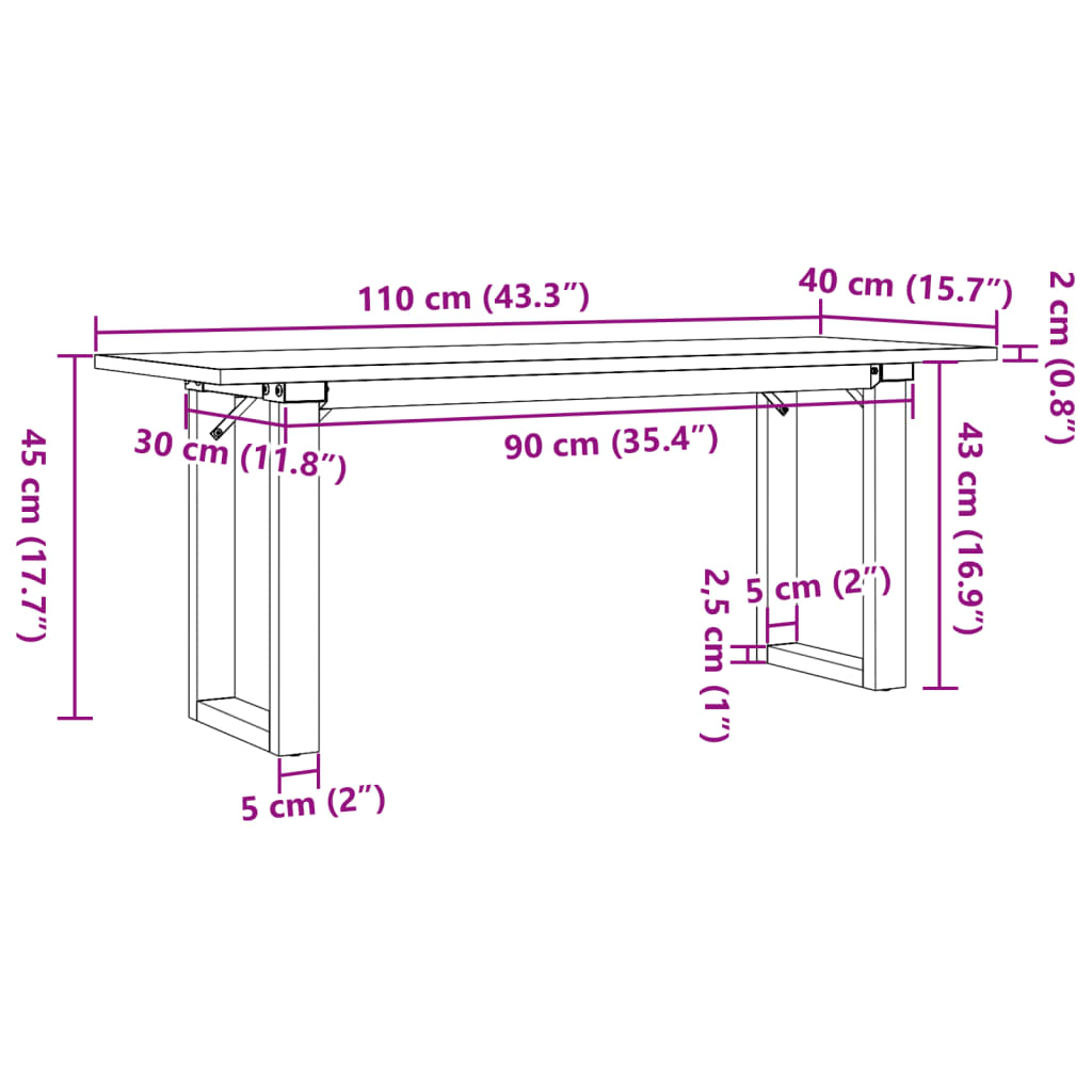 vidaXL Mesa de centro marco O madera maciza pino y hierro 110x40x45 cm