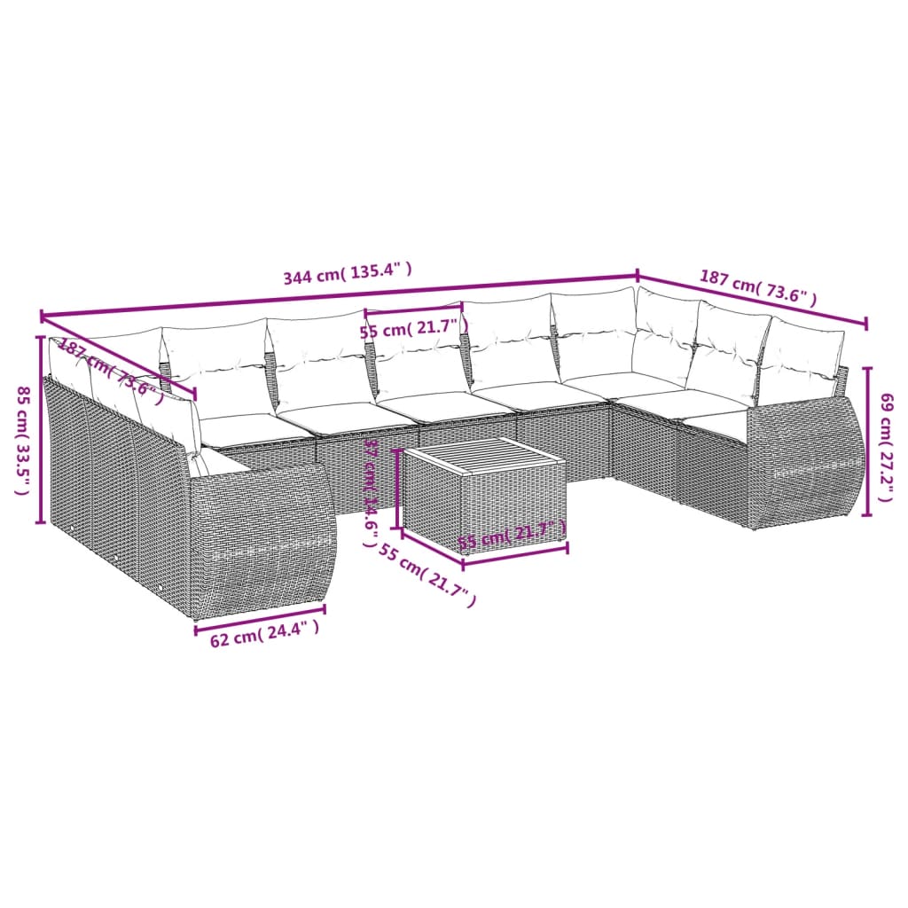 vidaXL Set de sofás de jardín 11 pzas y cojines ratán sintético negro