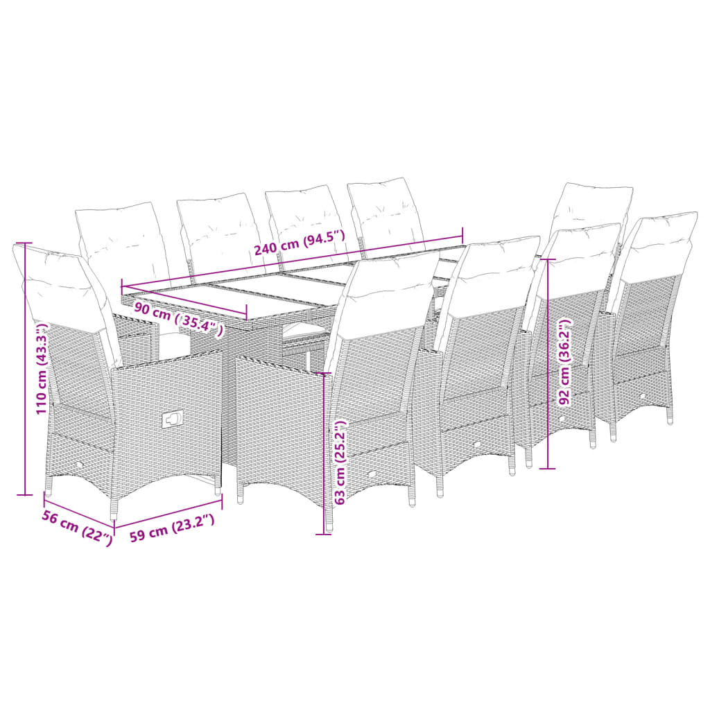 vidaXL Set de mesa y sillas de jardín 11 pzas y cojines ratán PE beige