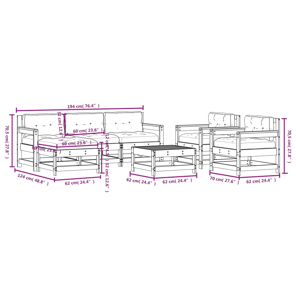 vidaXL Juego de muebles de jardín 7 pzas y cojines madera maciza gris