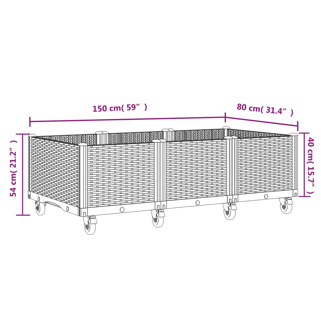 vidaXL Jardinera con ruedas PP negro 150x80x54 cm