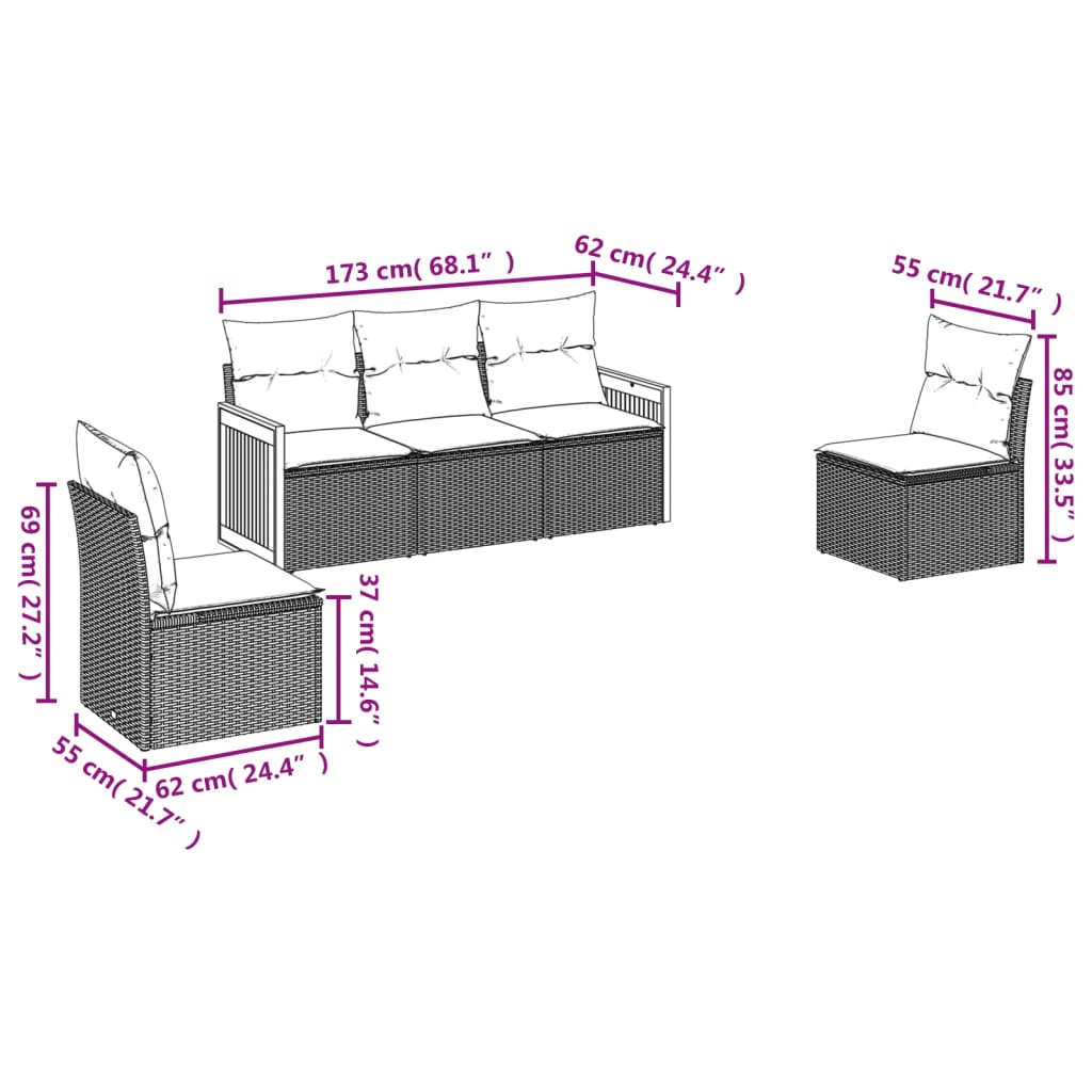 vidaXL Set de muebles de jardín 5 pzas y cojines ratán sintético negro