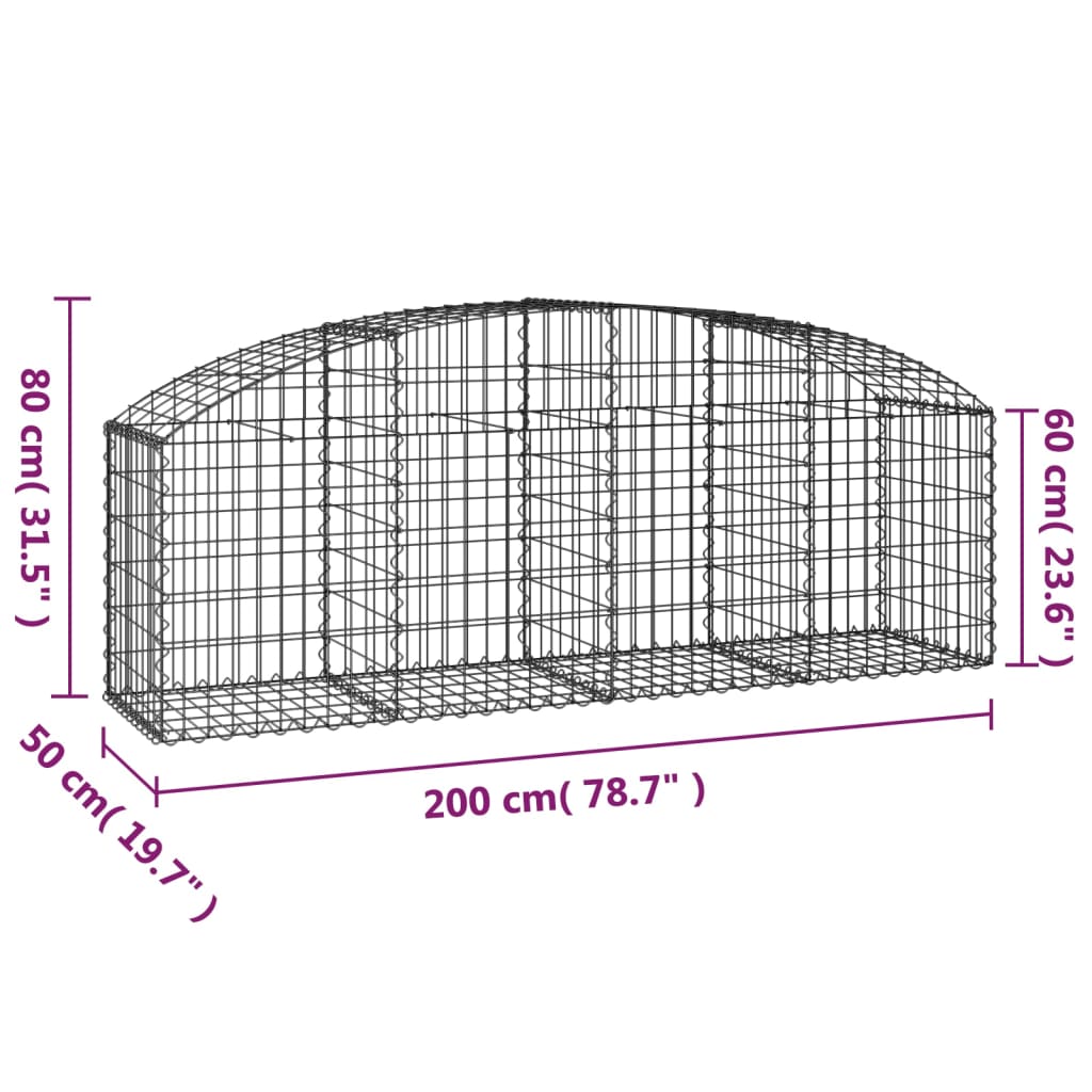 vidaXL Cesta de gaviones forma arco hierro galvanizado 200x50x60/80 cm