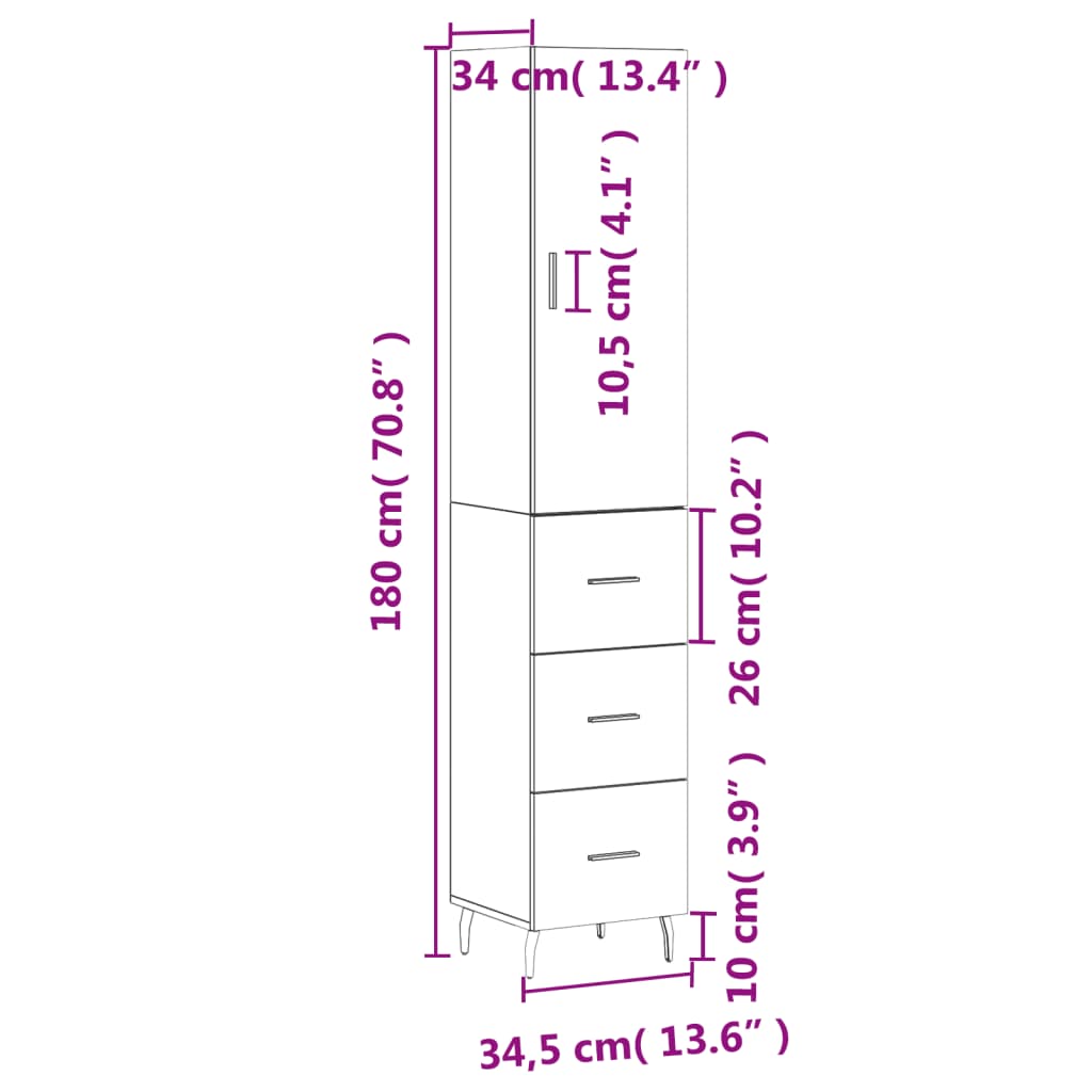 vidaXL Aparador alto madera contrachapada roble marrón 34,5x34x180 cm