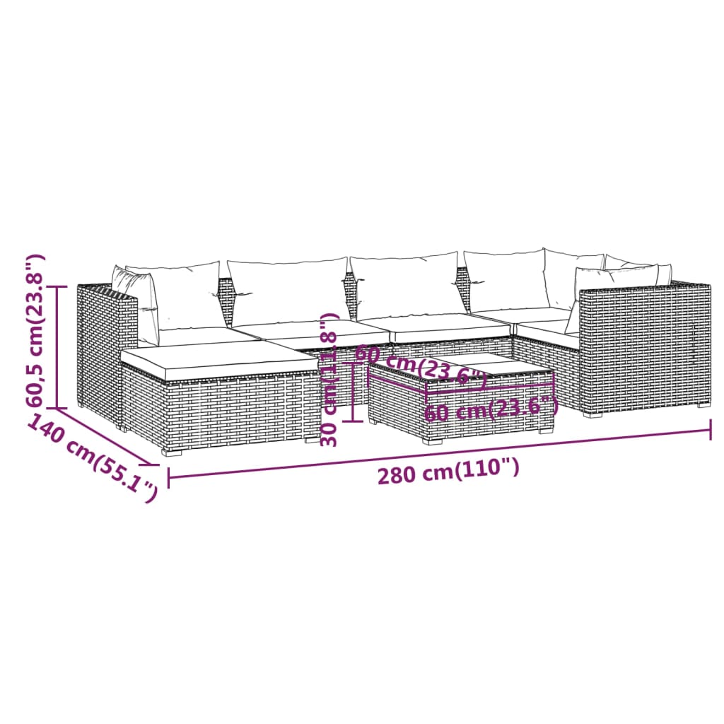 vidaXL Set de muebles de jardín 7 pzas y cojines ratán sintético negro