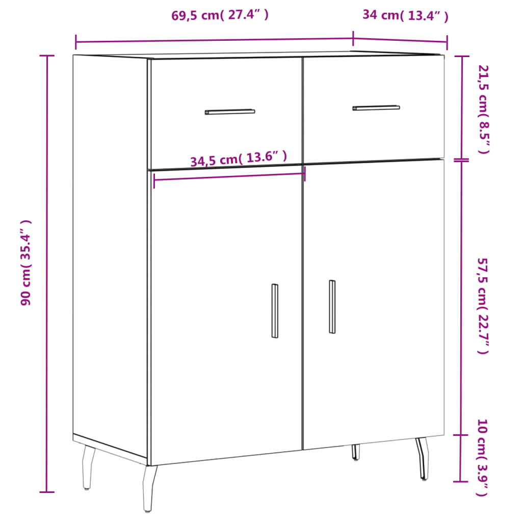 vidaXL Aparador de madera de ingeniería gris hormigón 69,5x34x90 cm