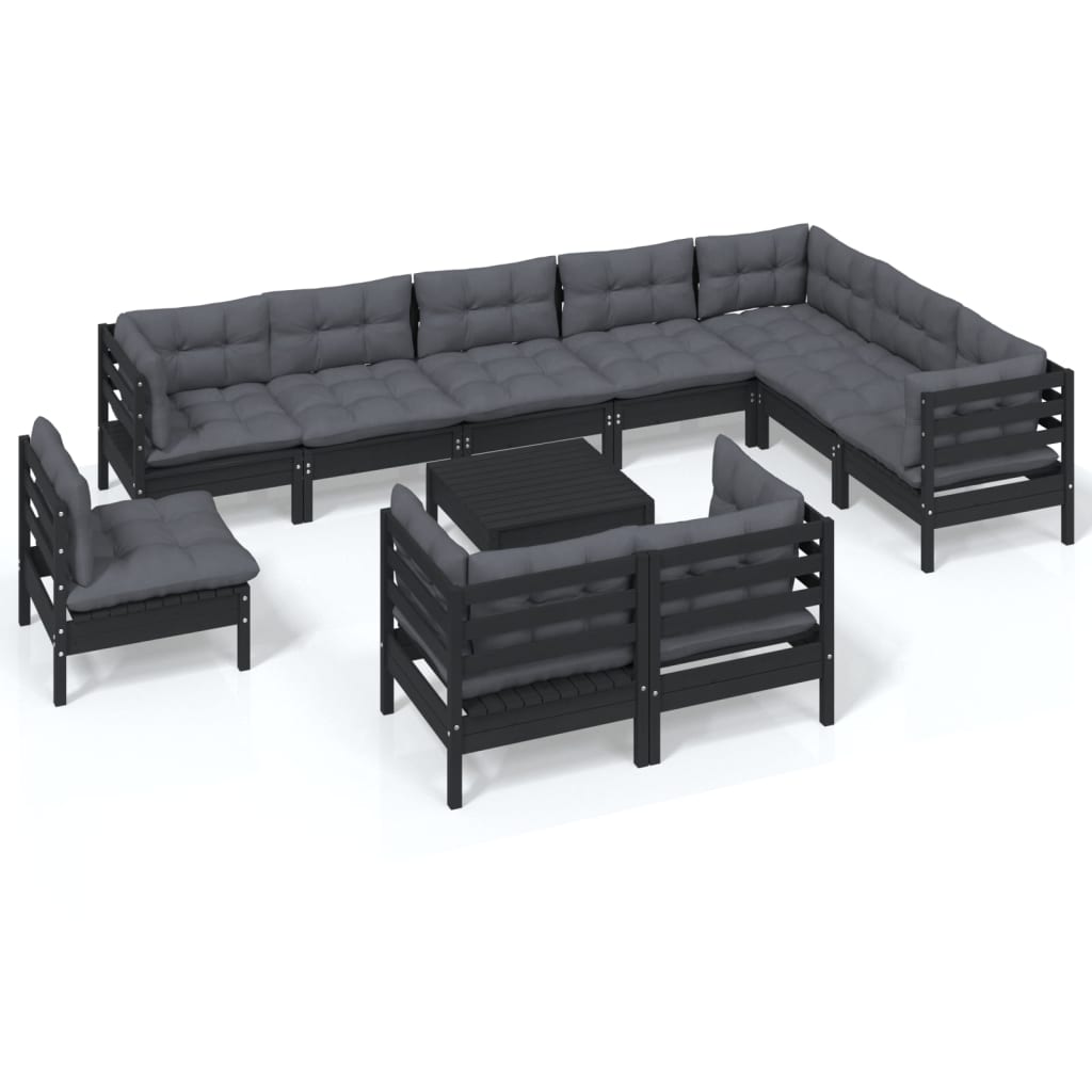 vidaXL Muebles de jardín 11 pzas con cojines negro madera maciza pino