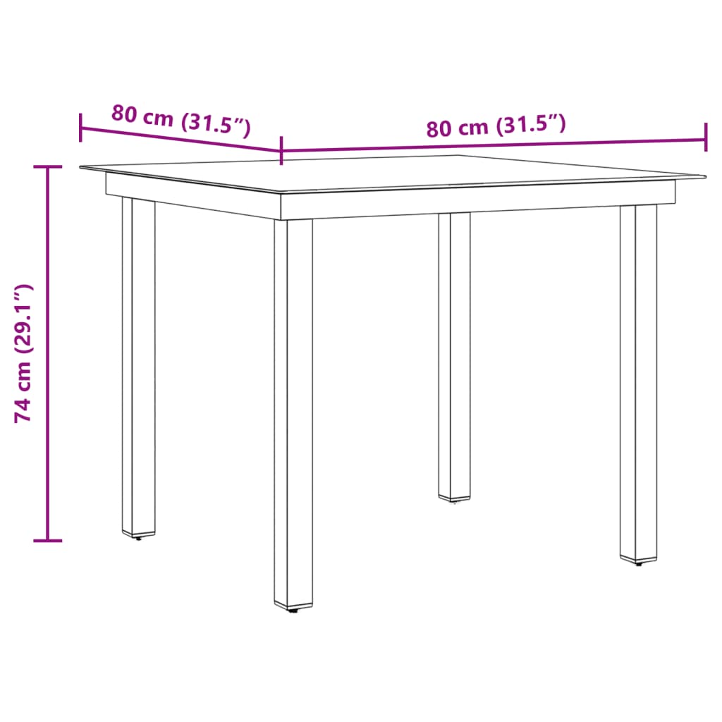 vidaXL Mesa de jardín de aluminio y vidrio negra 80x80x74 cm