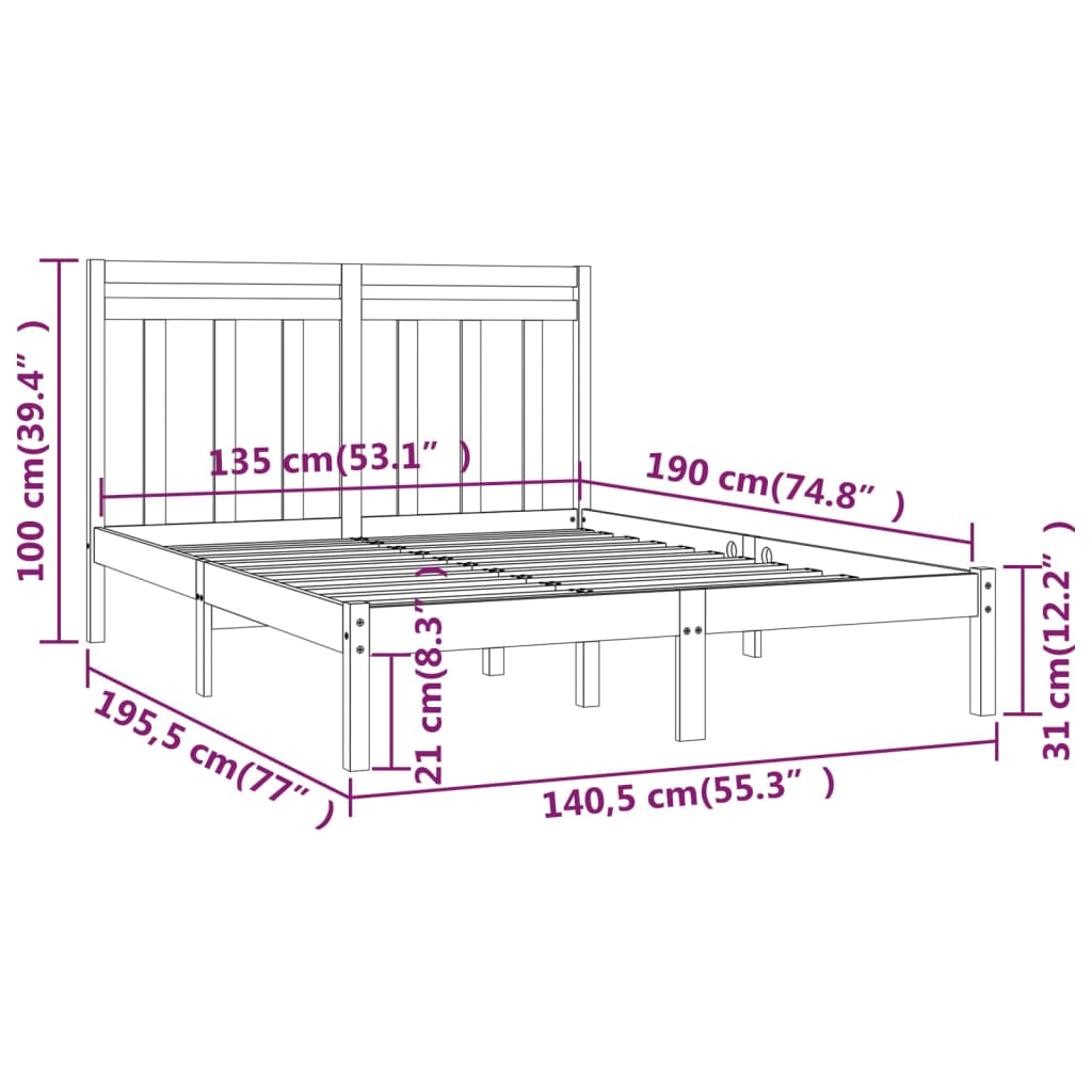 vidaXL Estructura de cama doble madera maciza negra 135x190 cm