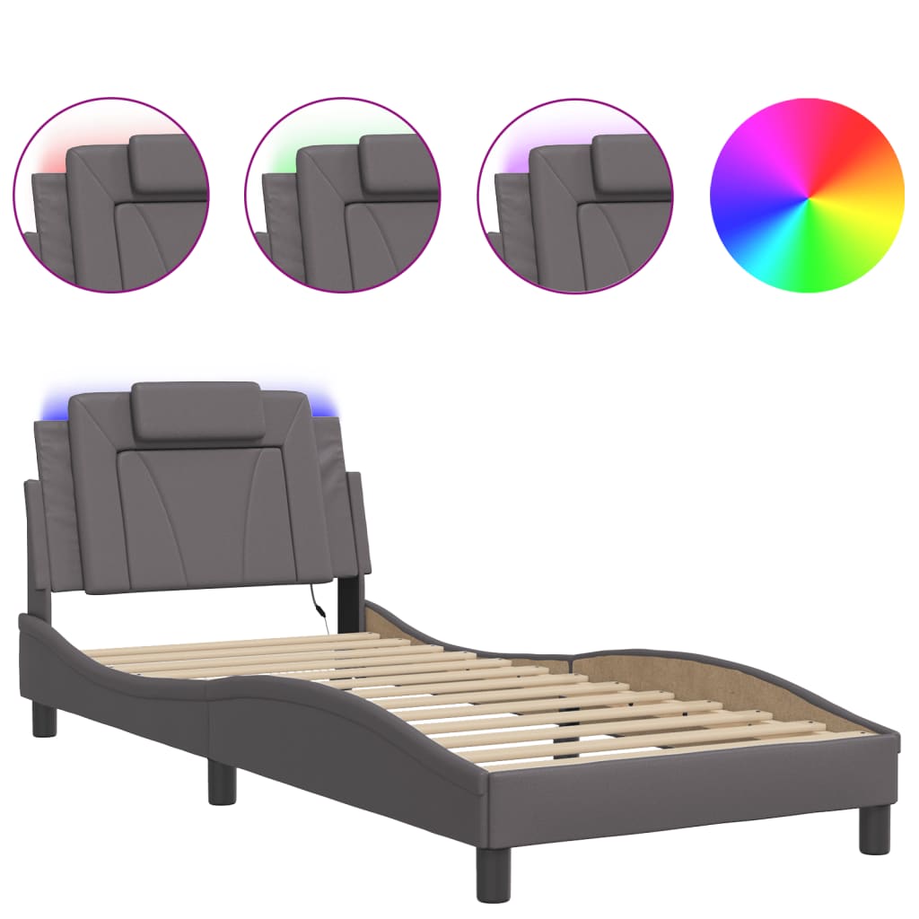 vidaXL Estructura de cama con luces LED cuero sintético gris 90x190 cm