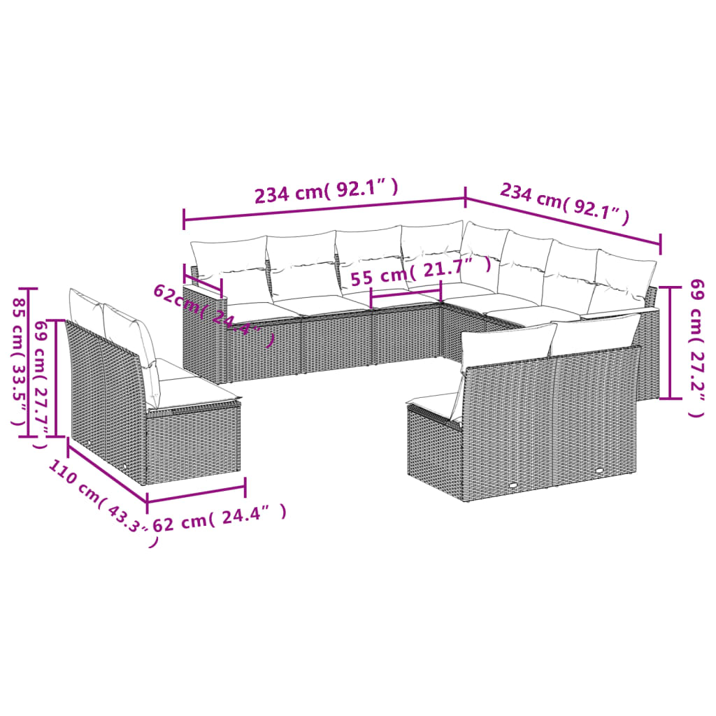 vidaXL Set de sofás de jardín 11pzas con cojines ratán sintético beige