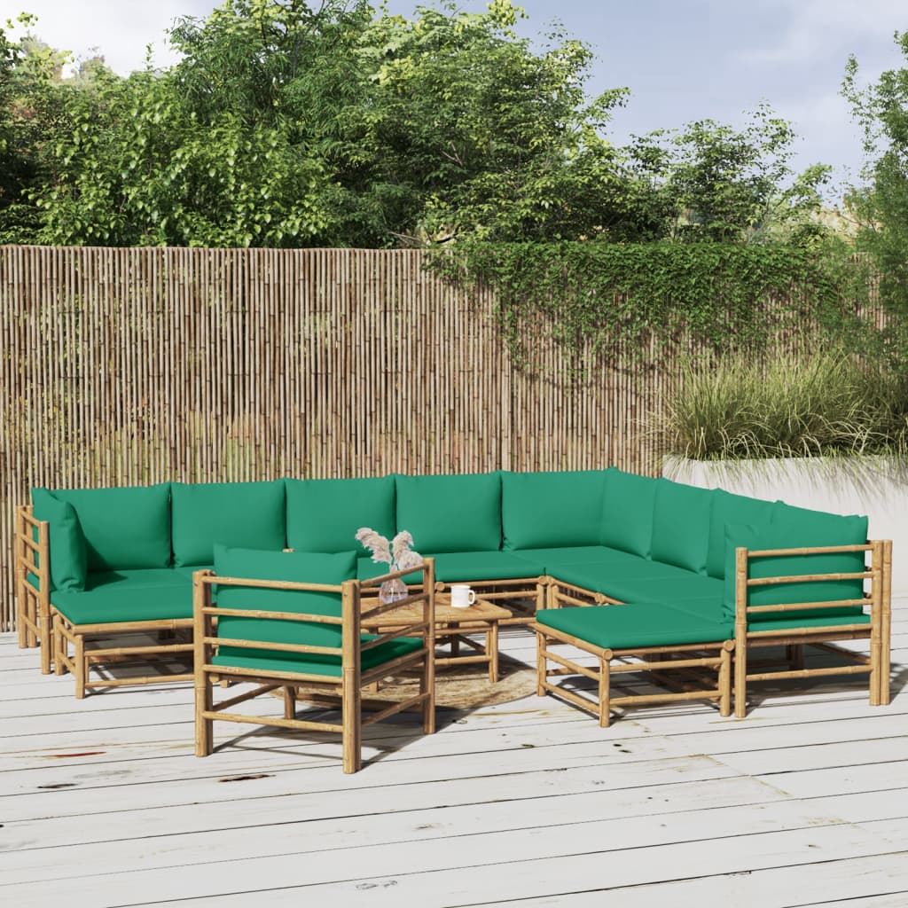 vidaXL Set de muebles de jardín 12 piezas bambú con cojines verde