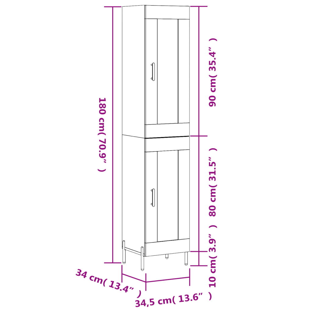 vidaXL Aparador alto madera contrachapada blanco brillo 34,5x34x180 cm