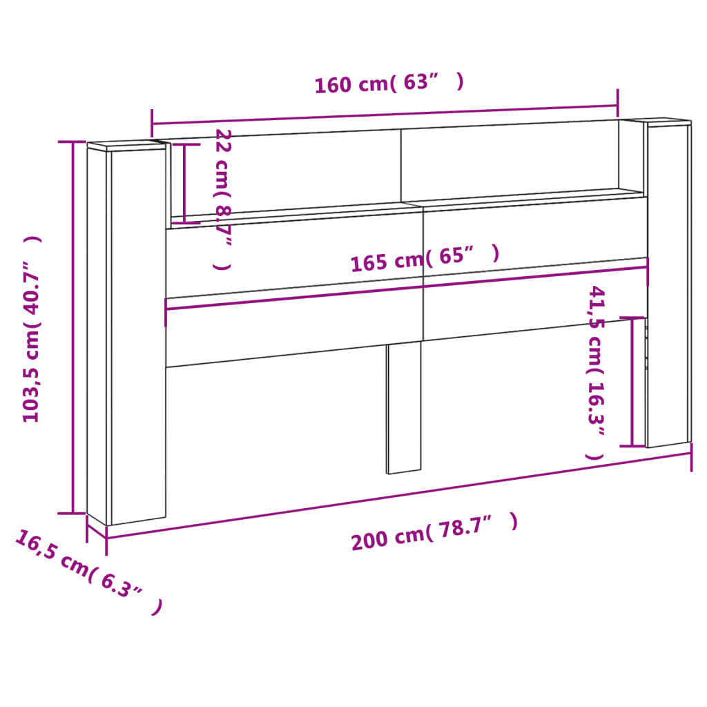 vidaXL Cabecero de cama con LED gris Sonoma 200x16,5x103,5 cm