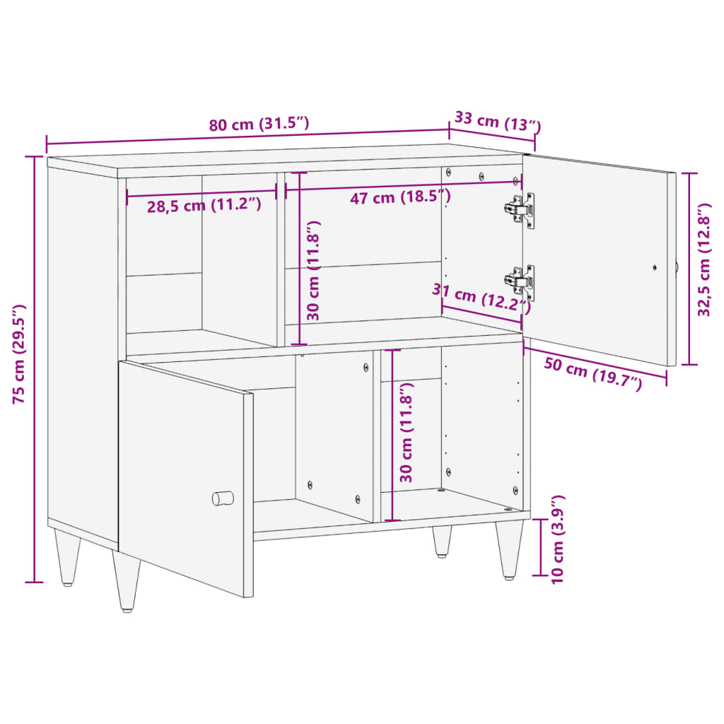 vidaXL Armario auxiliar madera maciza de mango 80x33x75 cm