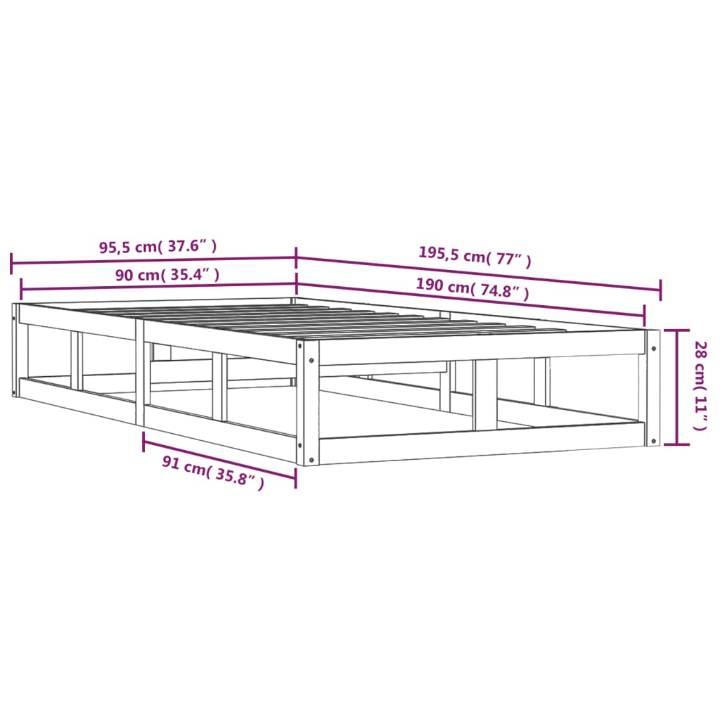 vidaXL Estructura de cama individual de madera maciza 90x190 cm