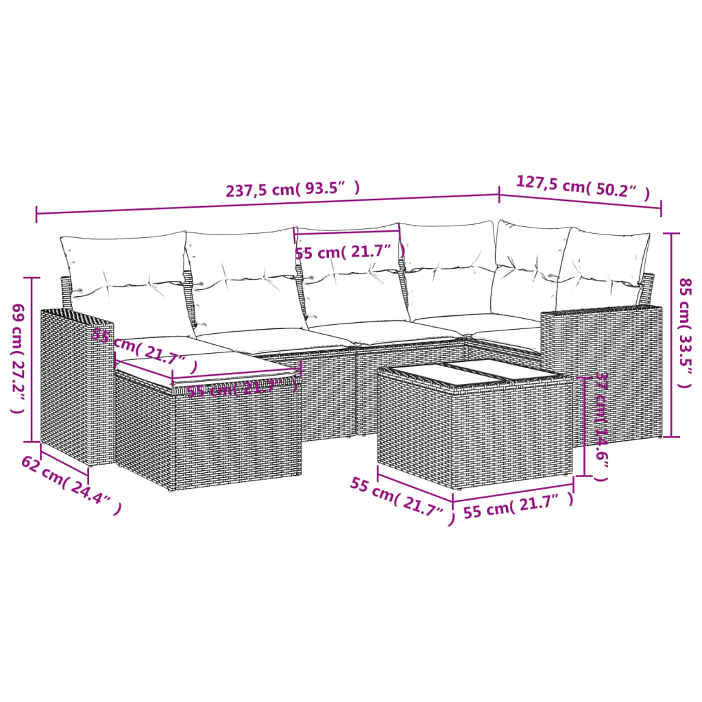 vidaXL Set de comedor de jardín 7 pzas y cojines ratán sintético negro