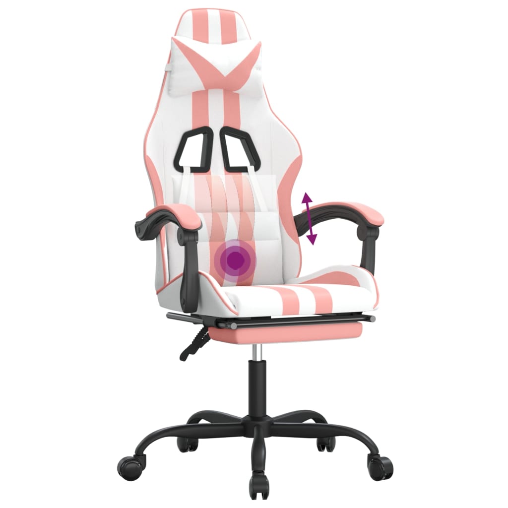 vidaXL Silla gaming giratoria y reposapiés cuero sintético blanco rosa