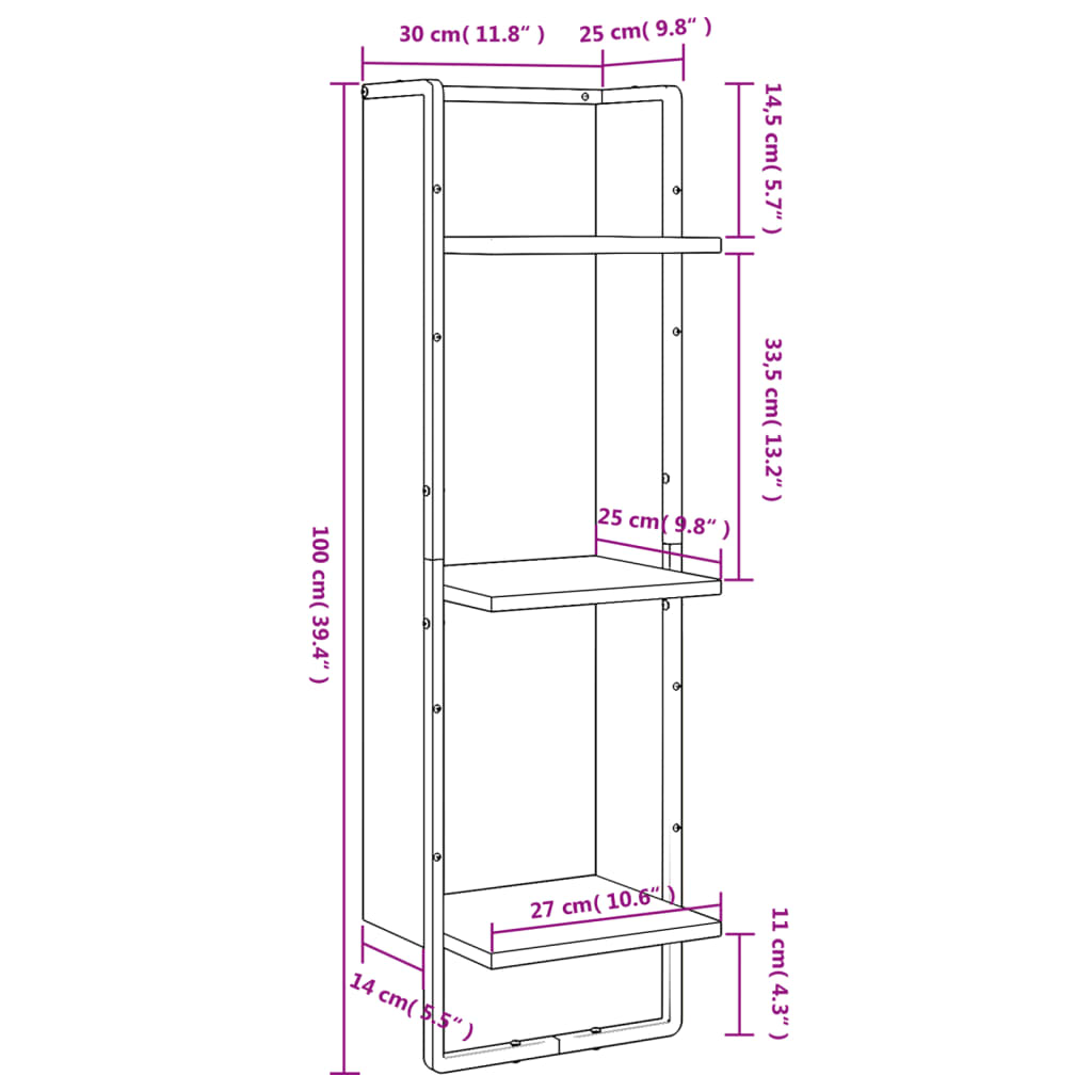 vidaXL Estantería pared 3 niveles madera ingeniería negro 30x25x100 cm