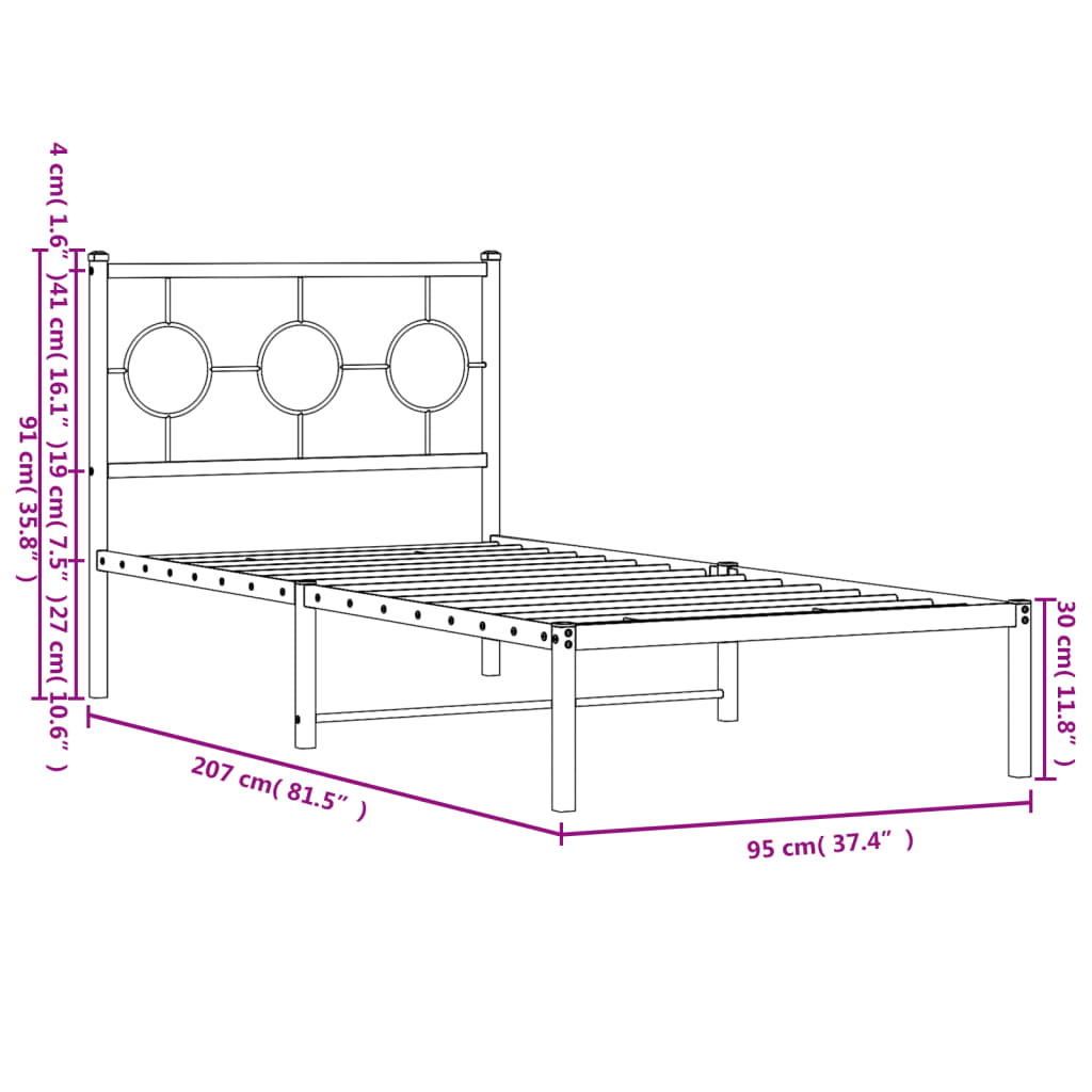 vidaXL Estructura cama sin colchón con cabecero metal negro 90x200 cm