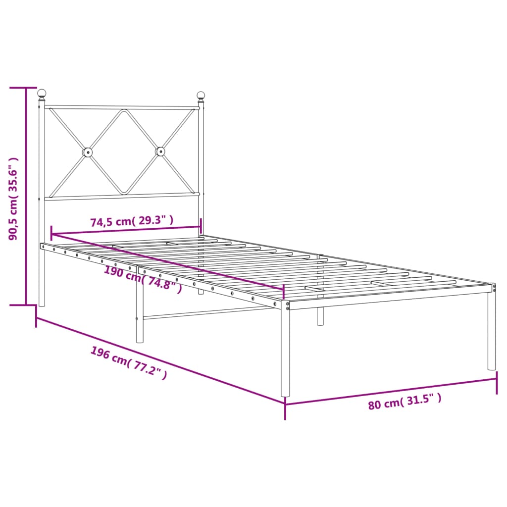 vidaXL Estructura cama sin colchón con cabecero metal negro 75x190 cm