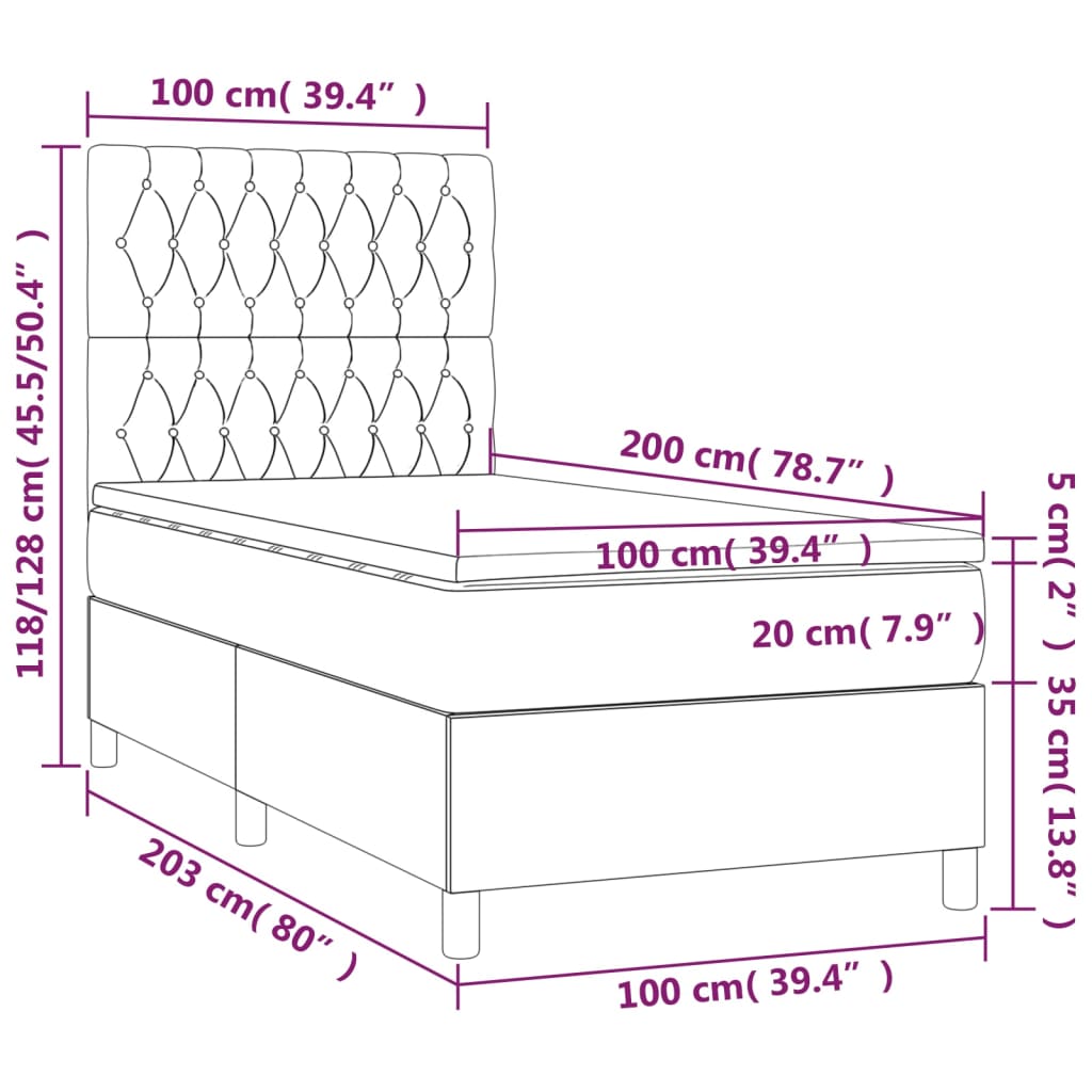 vidaXL Cama box spring colchón luces LED tela marrón oscuro 100x200cm