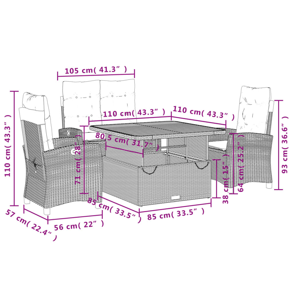 vidaXL Set de comedor jardín con cojines 4 pzas ratán sintético beige