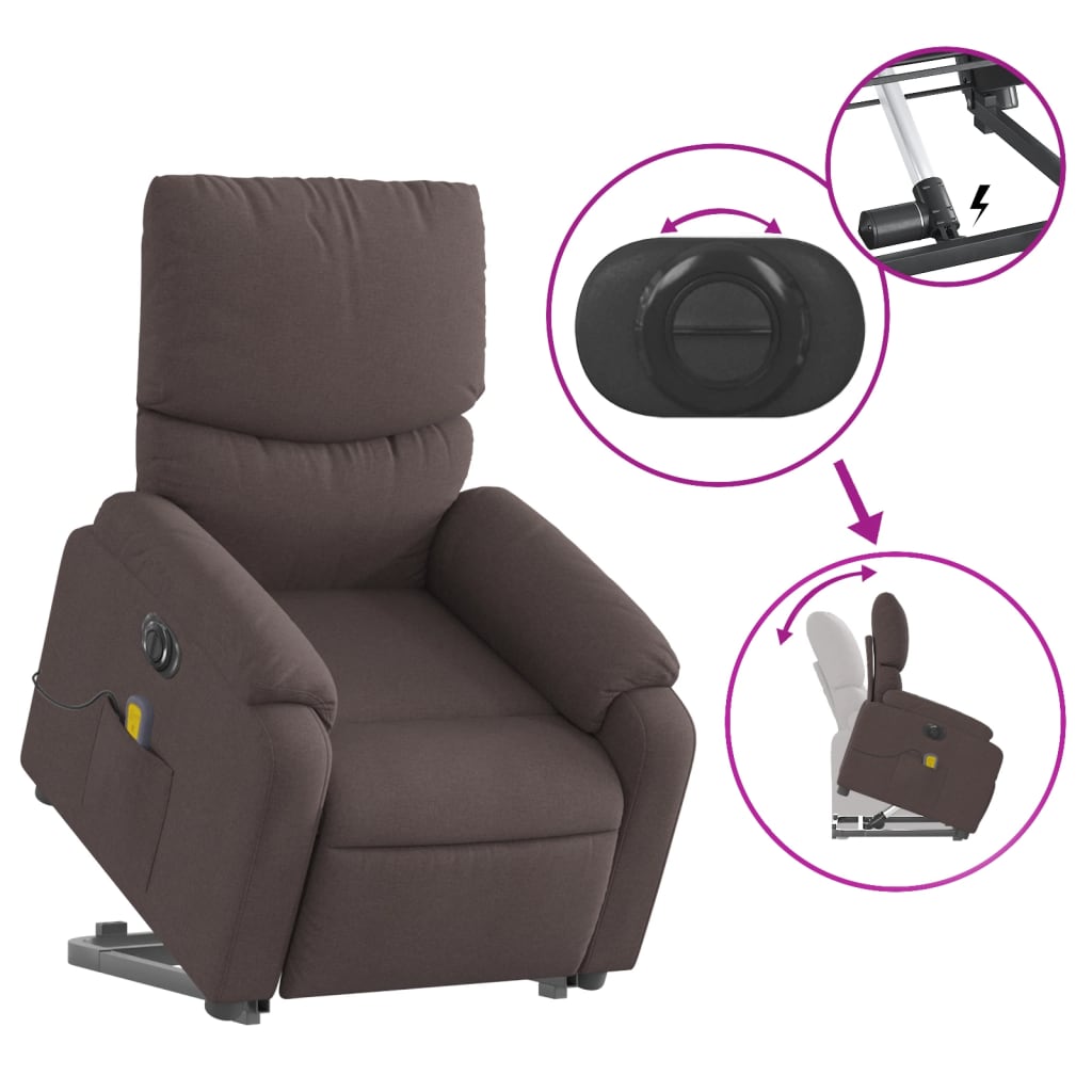 vidaXL Sillón masaje eléctrico reclinable elevable tela marrón oscuro