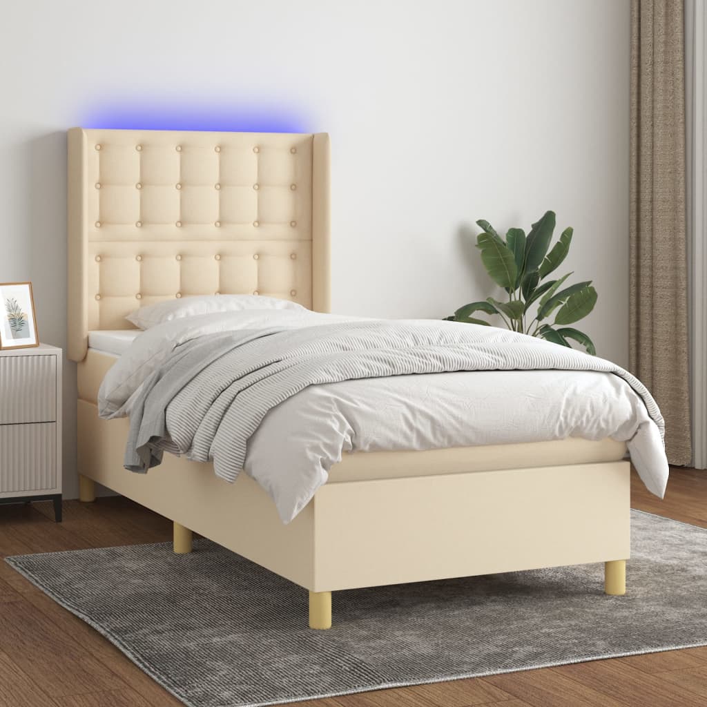 vidaXL Cama box spring colchón y luces LED tela crema 100x200 cm