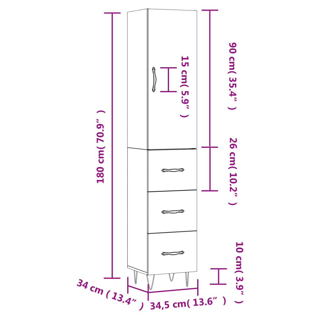 vidaXL Aparador alto madera de ingeniería blanco 34,5x34x180 cm