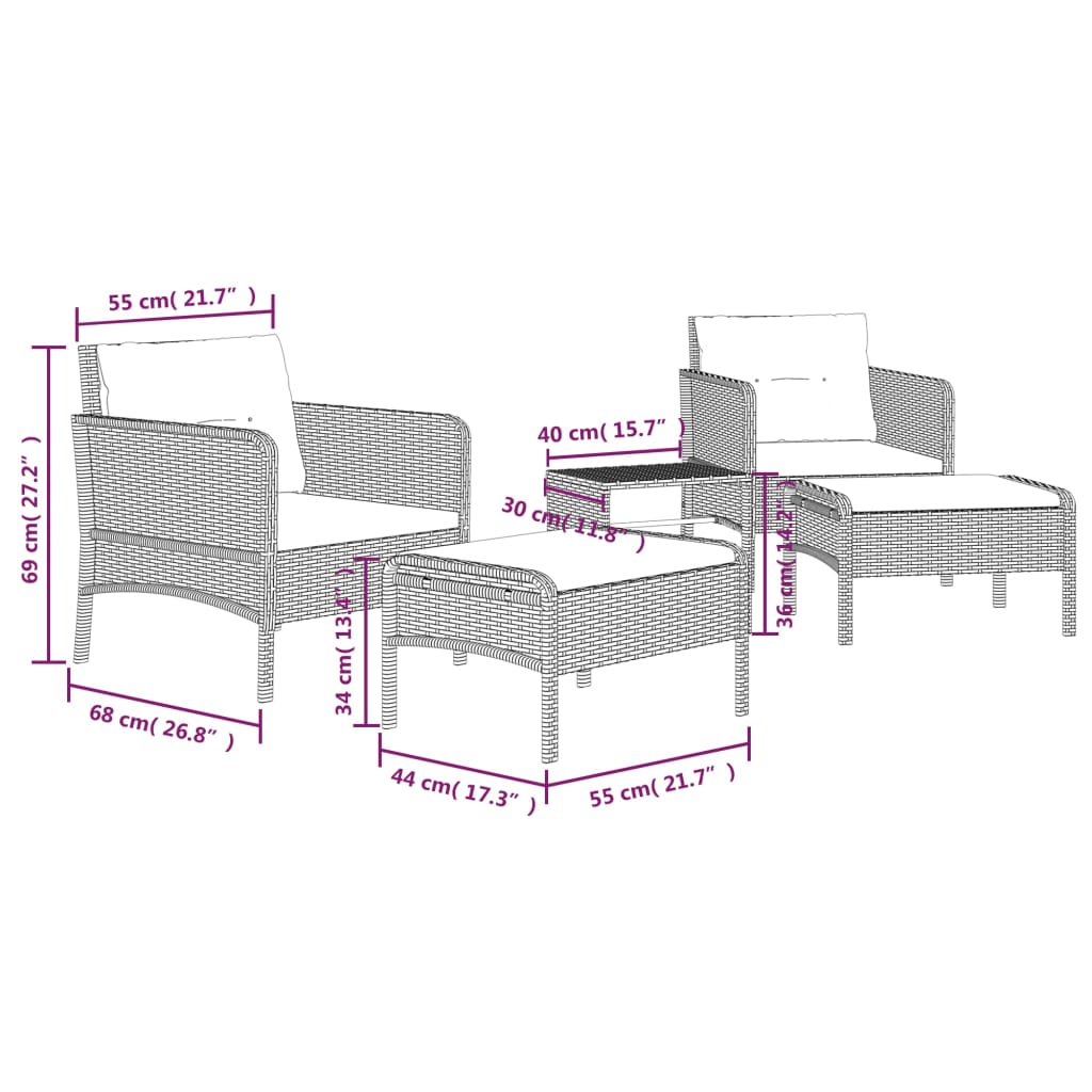 vidaXL Set de muebles de jardín 5 pzas y cojines ratán sintético gris