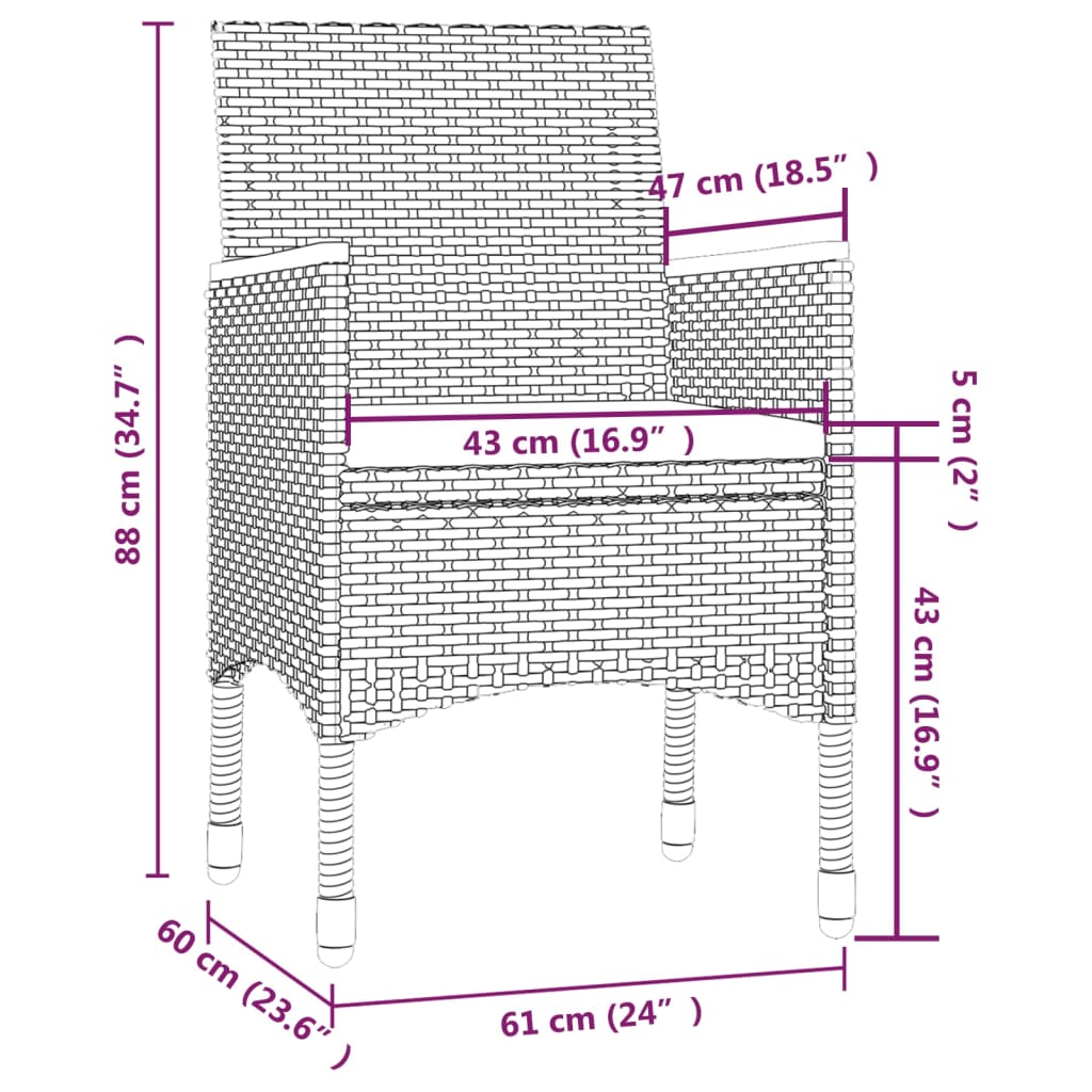 vidaXL Set de comedor de jardín 3 pzas y cojines ratán sintético negro