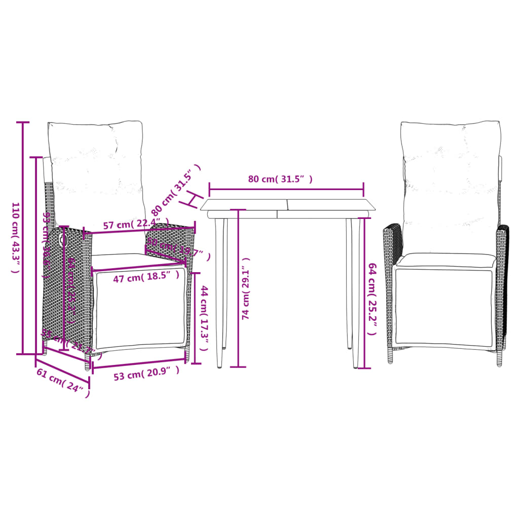 vidaXL Set comedor de jardín 3 piezas y cojines ratán sintético marrón