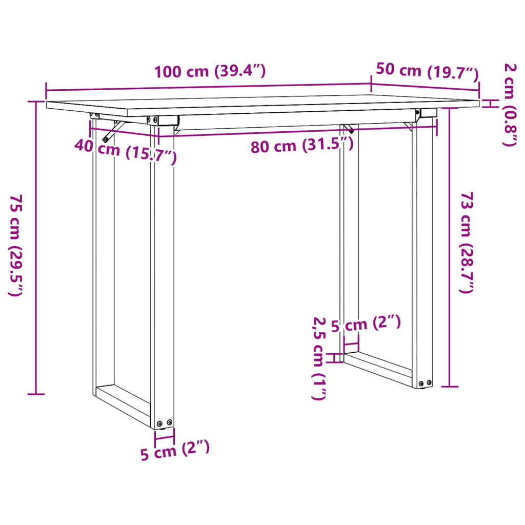 vidaXL Mesa de comedor marco O madera maciza pino y hierro 100x50x75cm