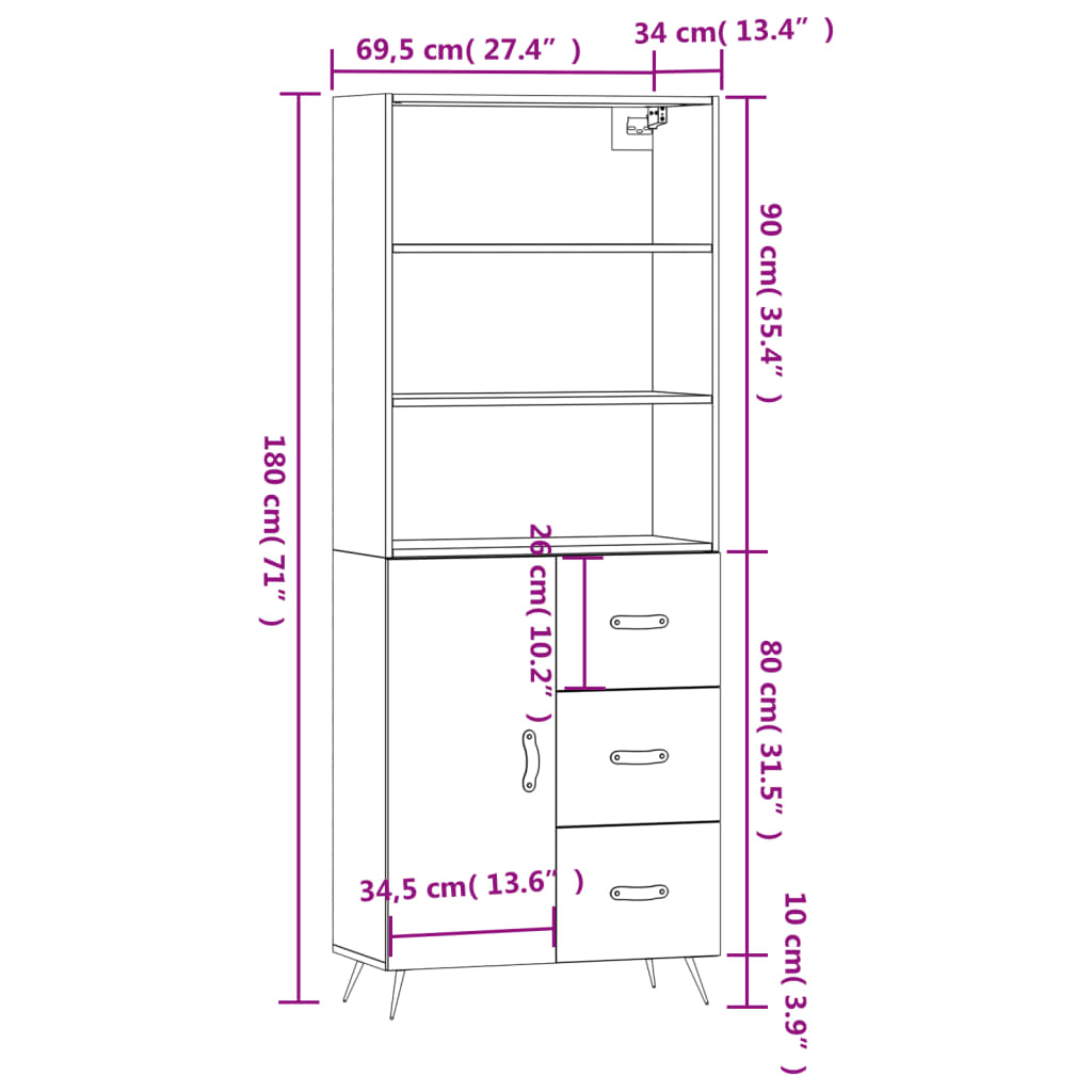 vidaXL Aparador alto madera contrachapada gris hormigón 69,5x34x180 cm