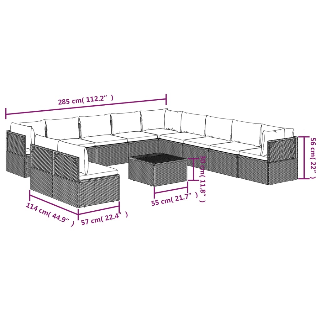 vidaXL Set de muebles de jardín 12 pzas cojines ratán sintético gris